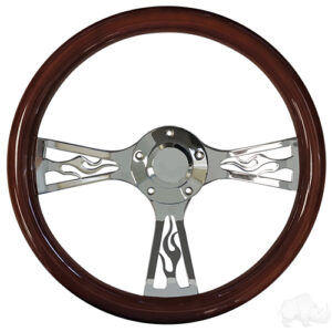 Steering Wheel, Flame Real Wood Mahogany/Chrome 14" Diameter